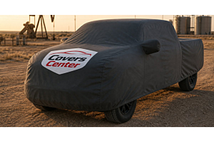 CoversCenter custom-fit cover on a Ford F-150 parked outdoors at sunset