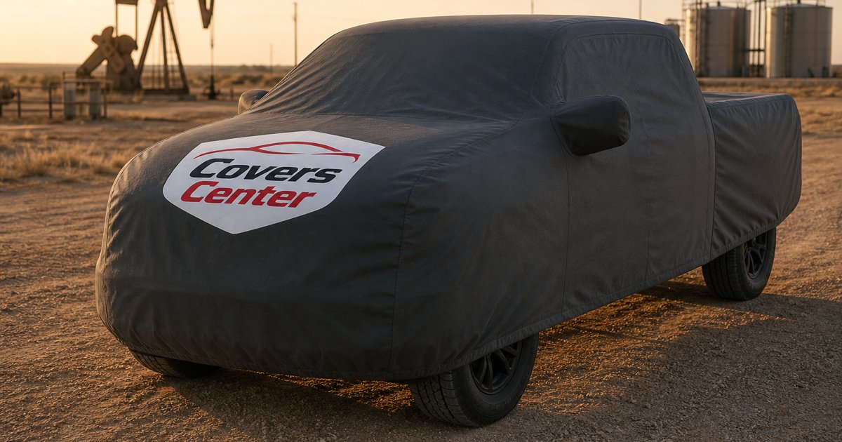 CoversCenter custom-fit cover on a Ford F-150 parked outdoors at sunset