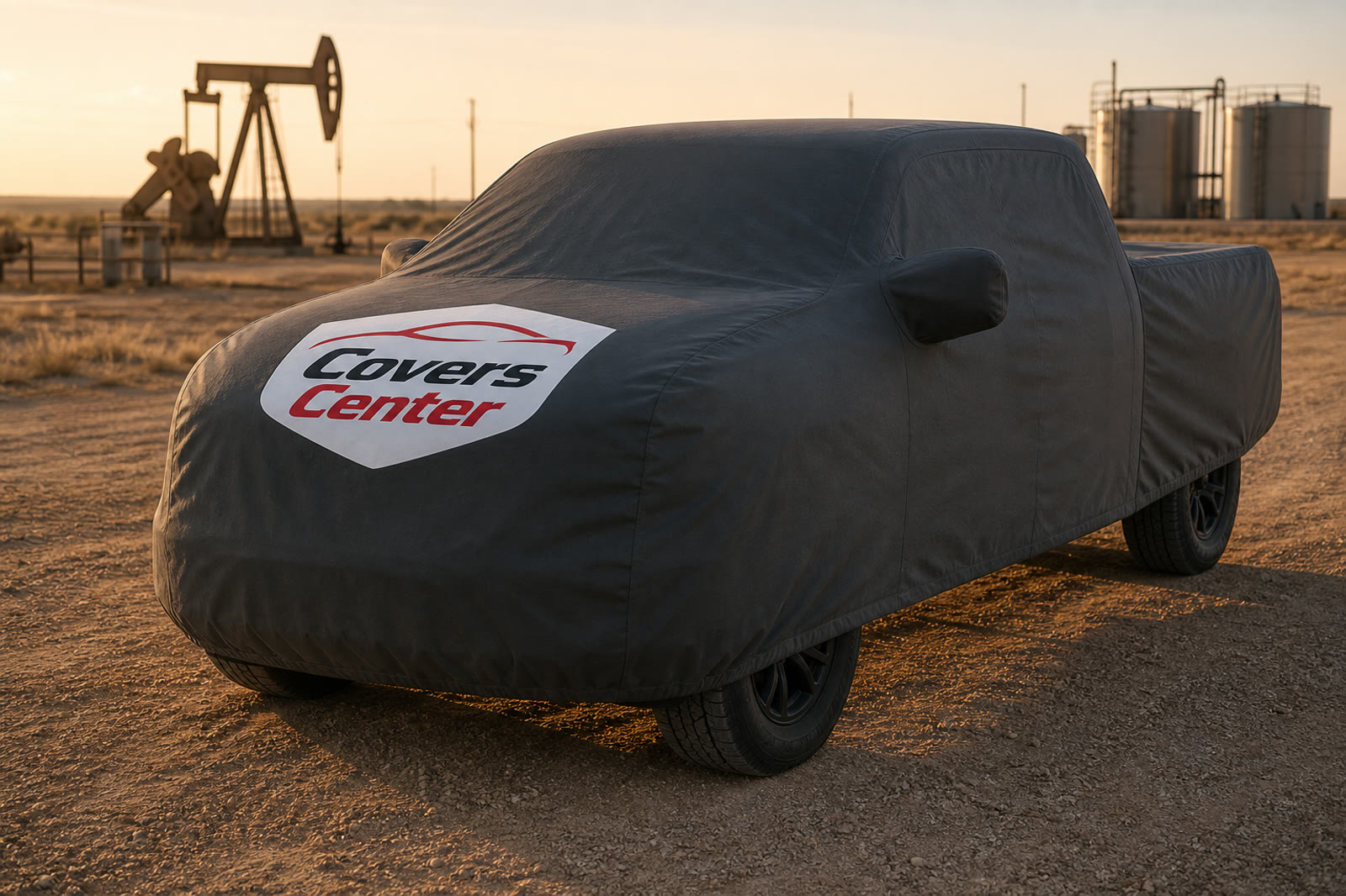 Custom-fit CoversCenter cover taking sun and grit on a pickup parked outdoors.