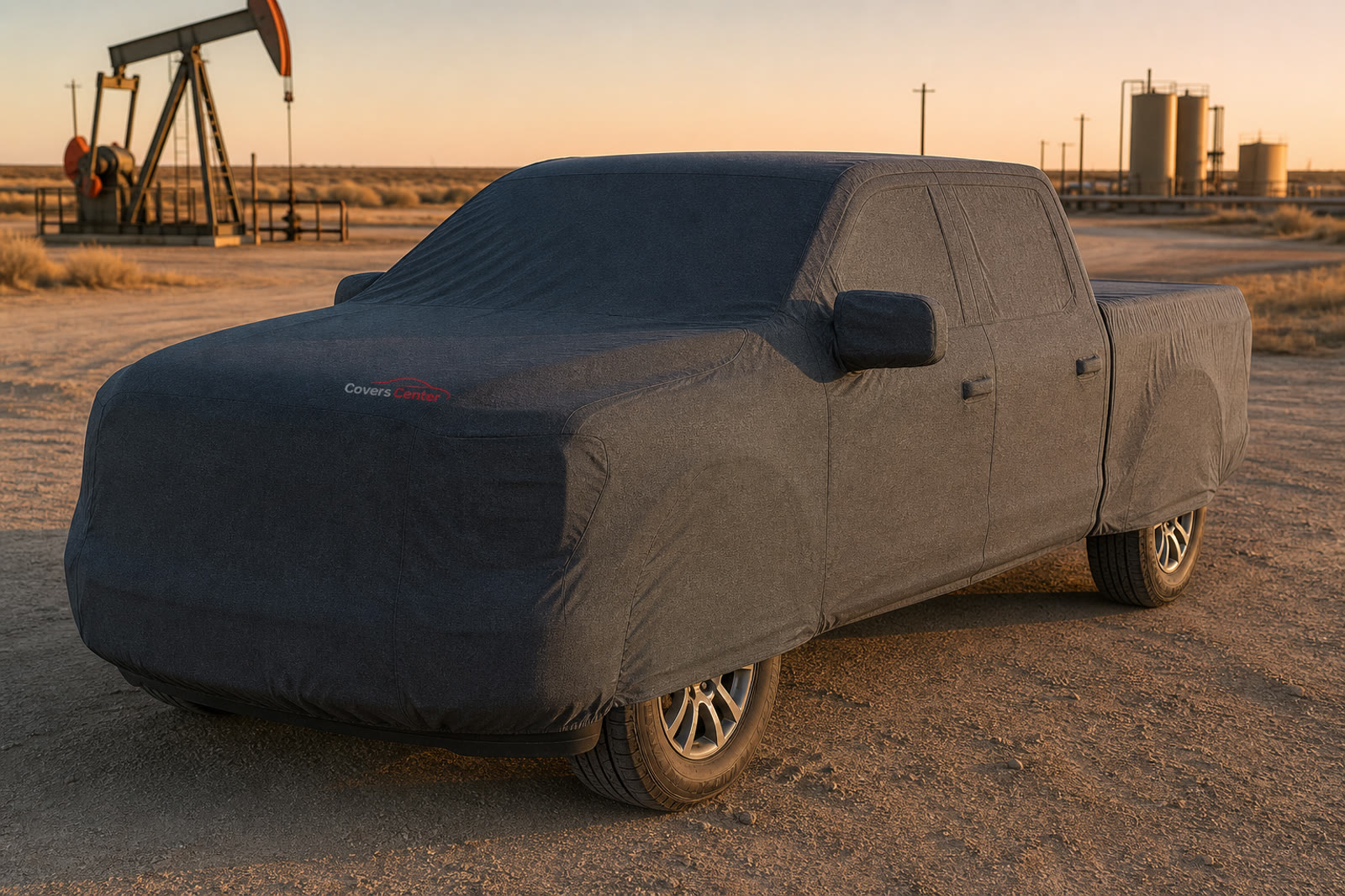 Custom-fit CoversCenter cover on a pickup parked outdoors in sun and dust.
